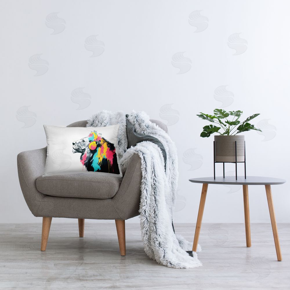Svetlana Aleynikova Lion On Air Headphones Printed Throw Pillow in Room