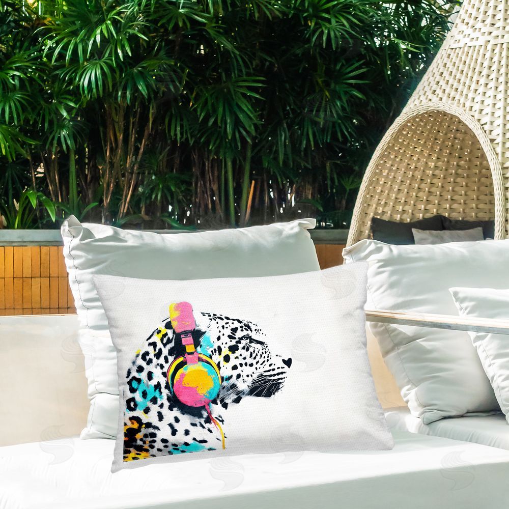 Svetlana Aleynikova Leopard On Air Headphones Printed Throw Pillow on Patio