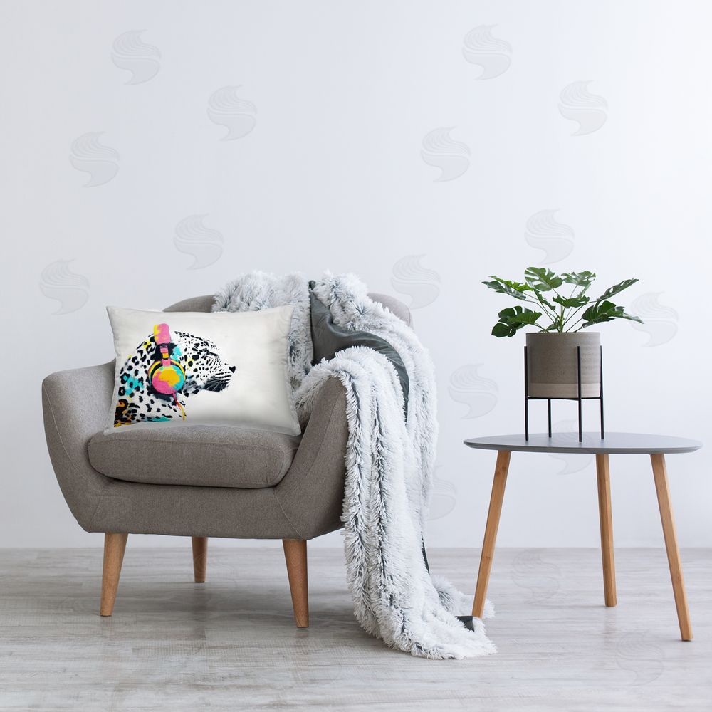 Svetlana Aleynikova Leopard On Air Headphones Printed Throw Pillow in Room