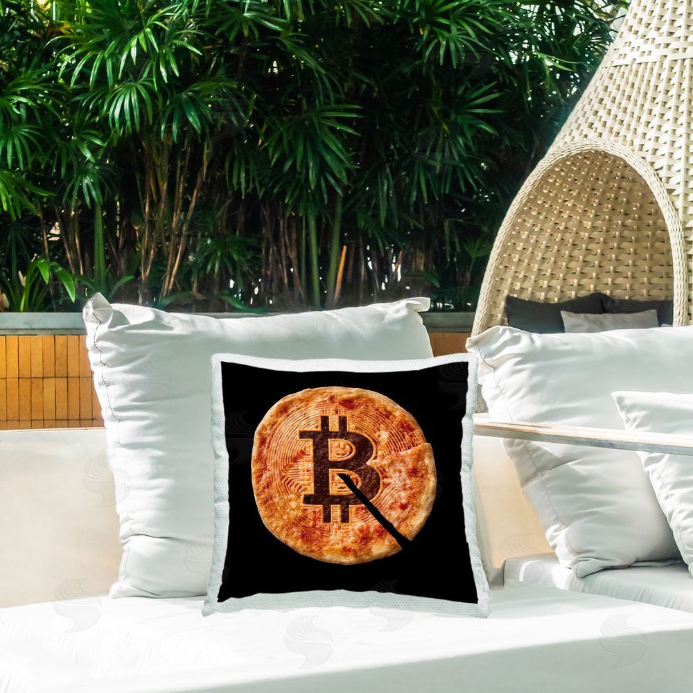 Svetlana Aleynikova Crypto Pizza Slice Outdoor Printed Throw Pillow on Patio
