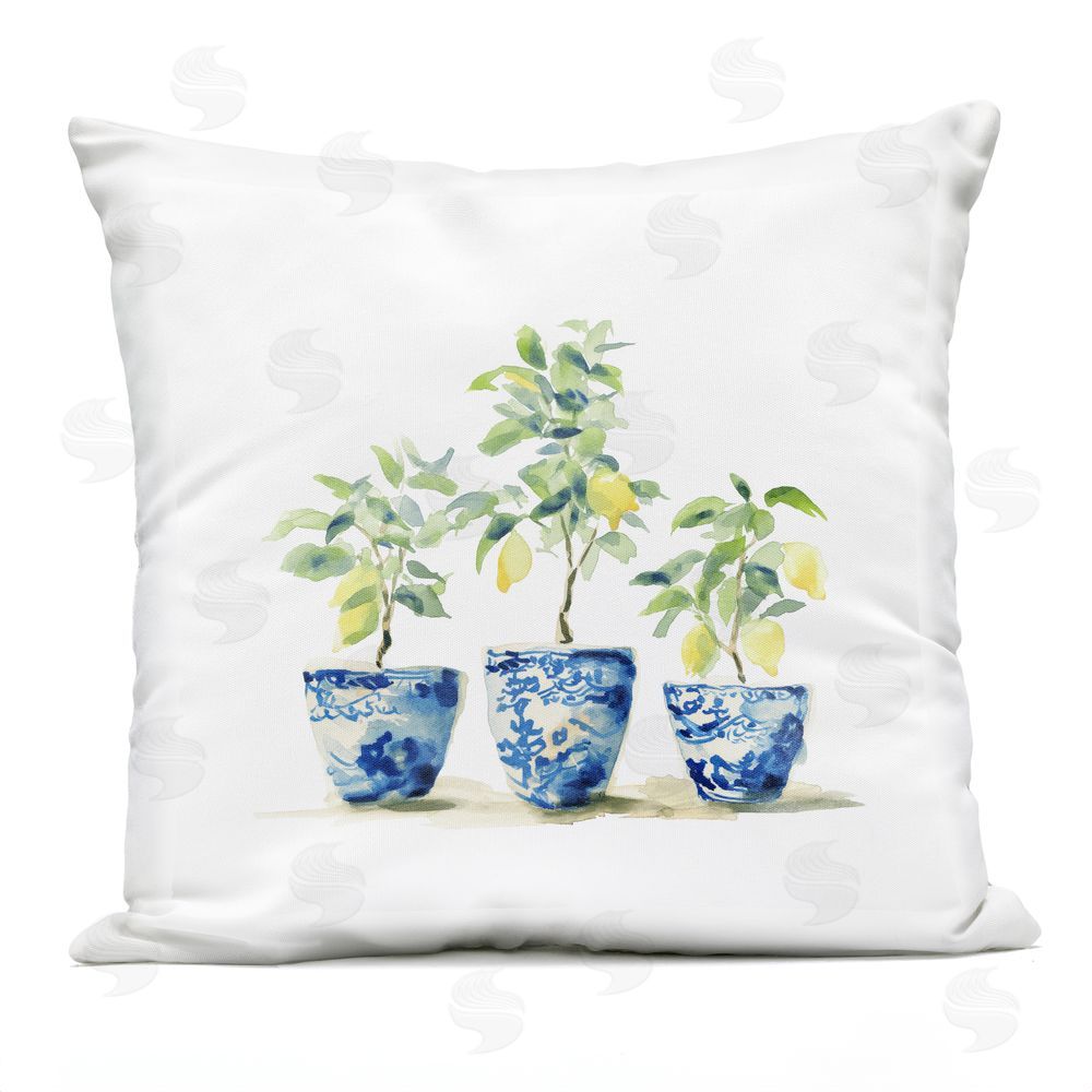 Svetlana Aleynikova Lemons In Blue Pots Outdoor Printed Throw Pillow