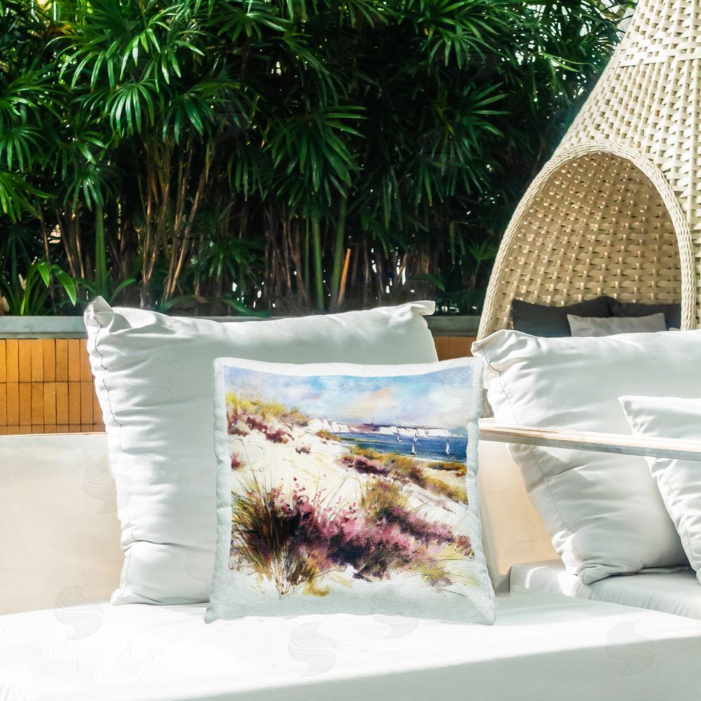 Svetlana Aleynikova Cliffs And Waters View Outdoor Printed Throw Pillow on Patio