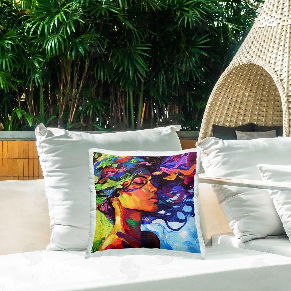 Svetlana Aleynikova Flowing Whirlwind Of Colors Outdoor Printed Throw Pillow on Patio