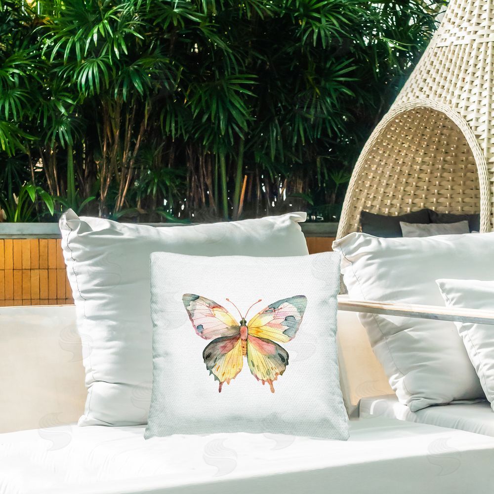 Kim Allen Watercolor Butterfly Subtlety Outdoor Printed Throw Pillow on Patio