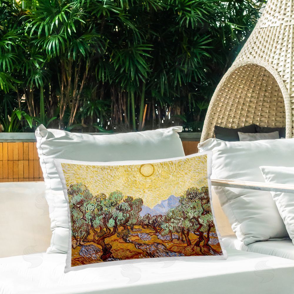 Vincent Van Gogh Olive Trees Van Gogh Printed Throw Pillow on Patio