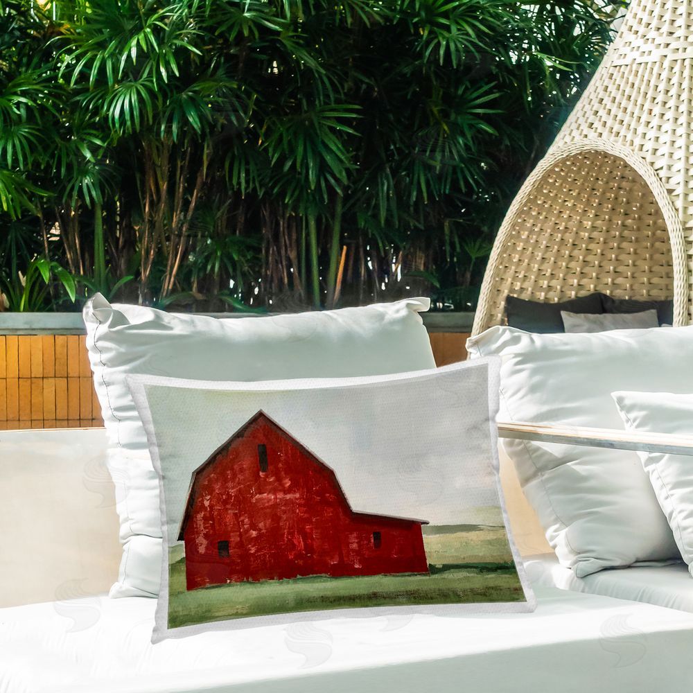 Gina Matarazzo Red Weathered & Wise Barn Printed Throw Pillow on Patio