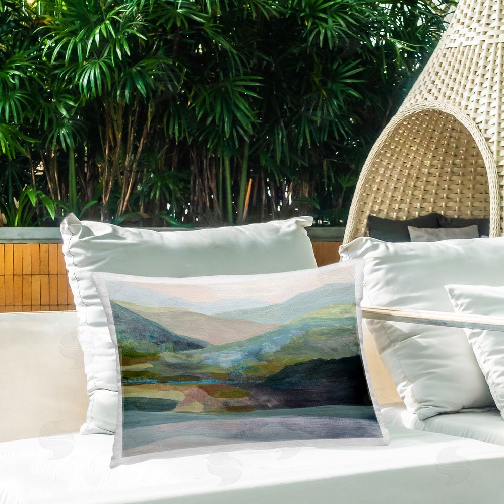Farren Lee Misty Morning Mountain Gradient Printed Throw Pillow on Patio