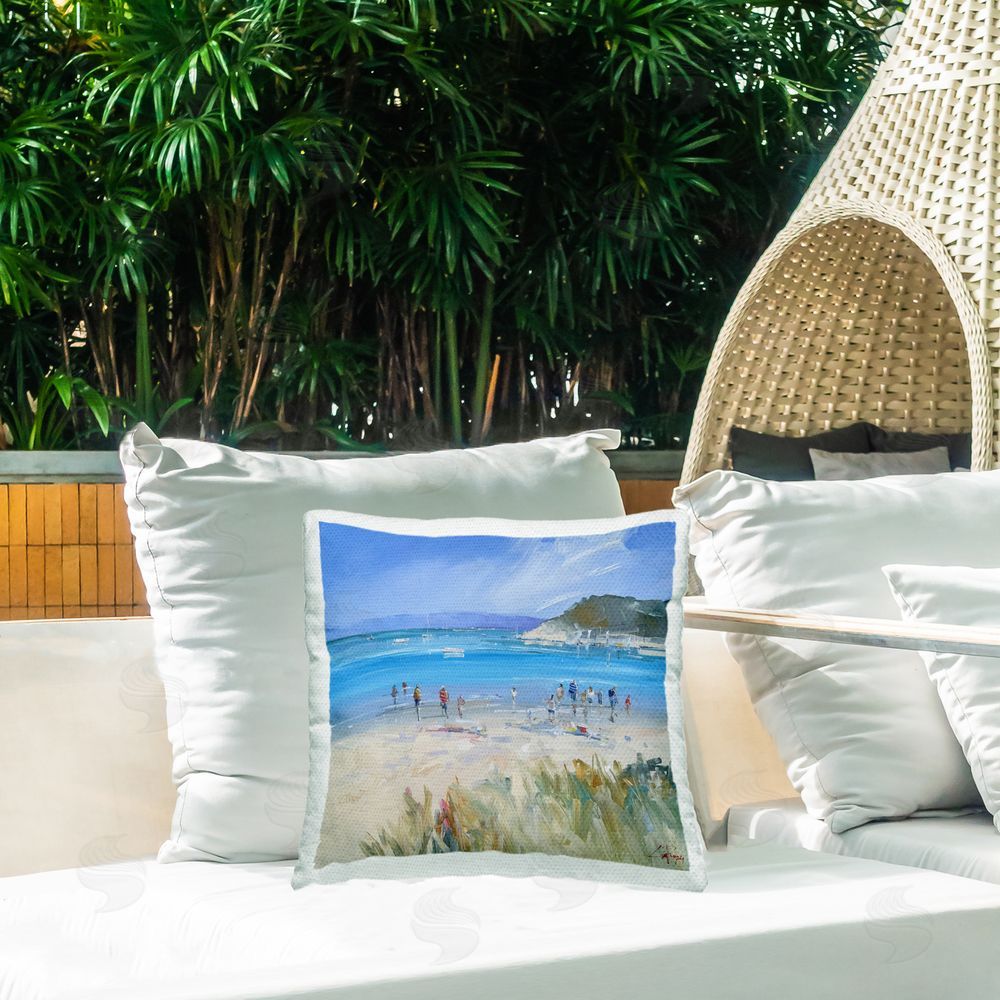 Craig Trewin Penny Summer Sorrento Beachgoers Outdoor Printed Throw Pillow on Patio