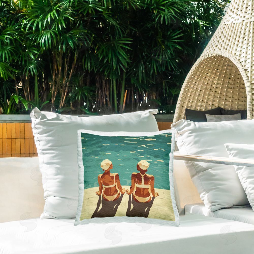 Layla Oz Swimmer Friends Duo Outdoor Printed Throw Pillow on Patio