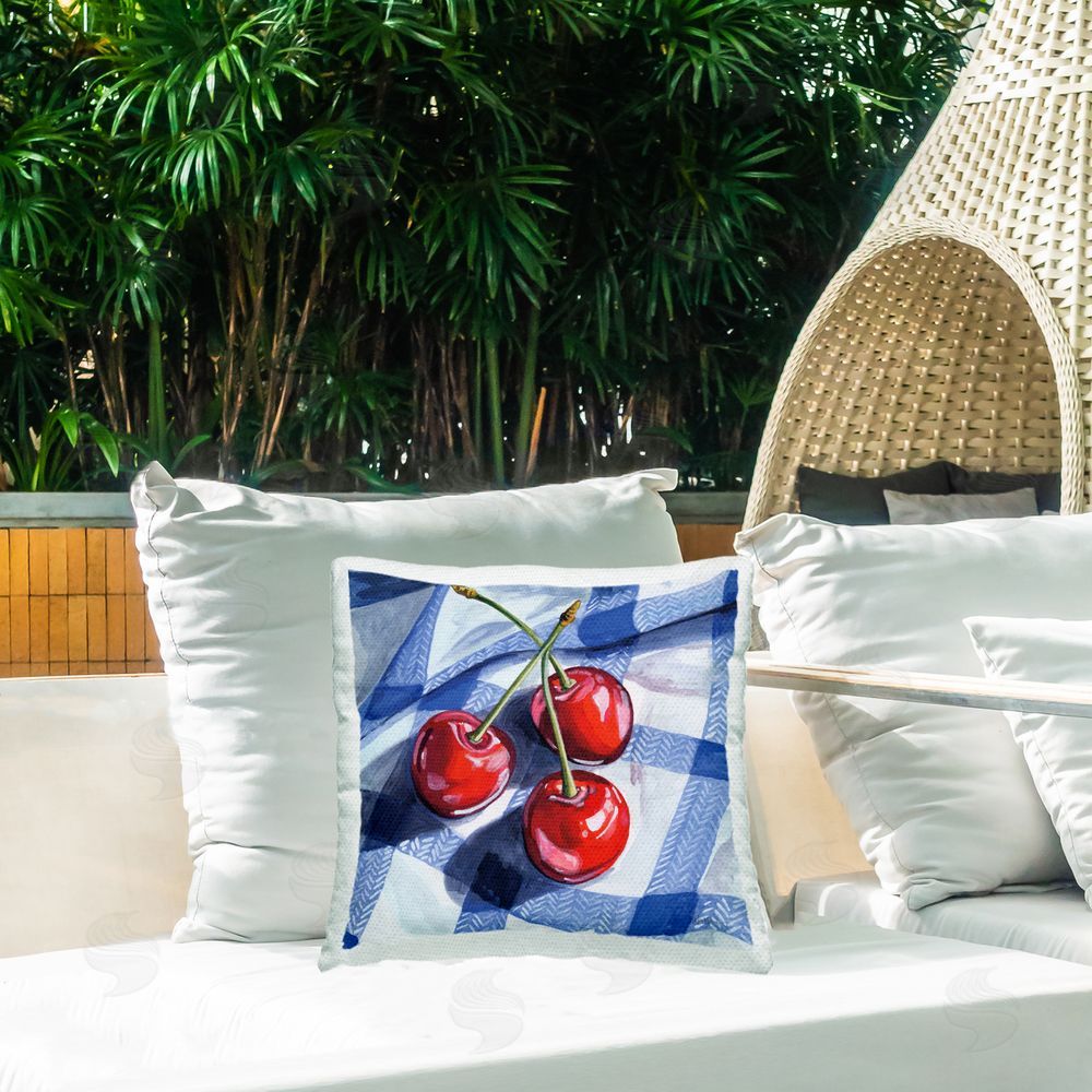 Kate Jarvik Birch Three Picnic Cherries on Gingham Outdoor Printed Throw Pillow on Patio