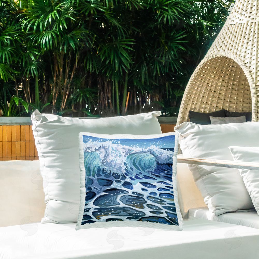 Kate Jarvik Birch Strong Crashing Waves on Beach Outdoor Printed Throw Pillow on Patio