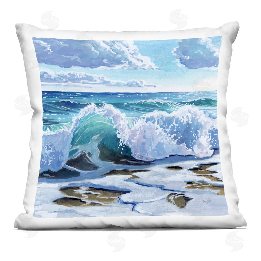 Kate Jarvik Birch Curling Aqua Wave on Shore Printed Throw Pillow 