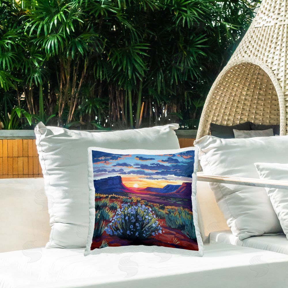 Kate Jarvik Birch Desert Sunset on Blooming Bush Outdoor Printed Throw Pillow on Patio