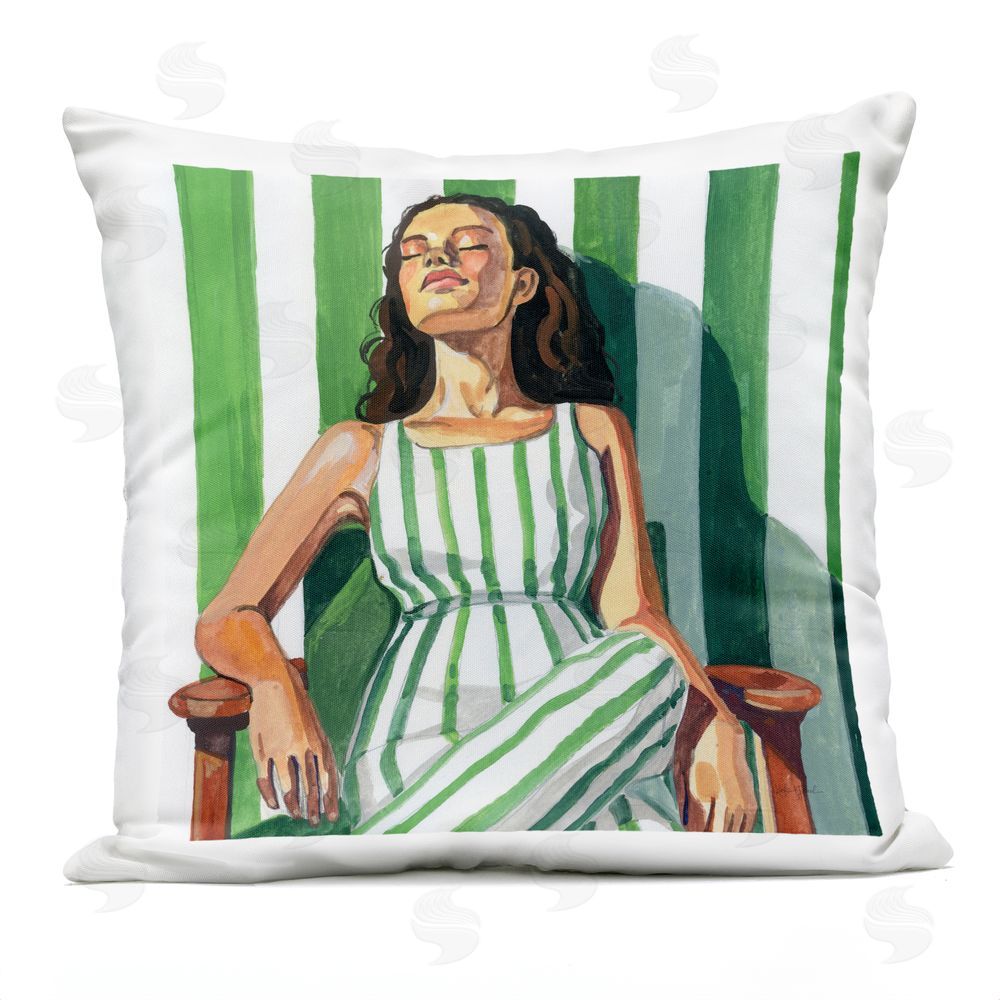 Kate Jarvik Birch Relaxing In A Striped Dress Outdoor Printed Throw Pillow