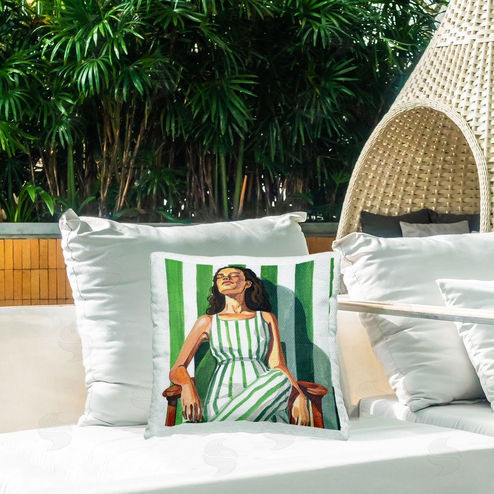 Kate Jarvik Birch Relaxing In A Striped Dress Outdoor Printed Throw Pillow on Patio