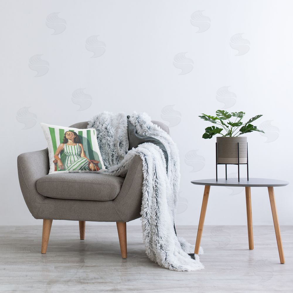 Kate Jarvik Birch Relaxing In A Striped Dress Printed Throw Pillow in Room