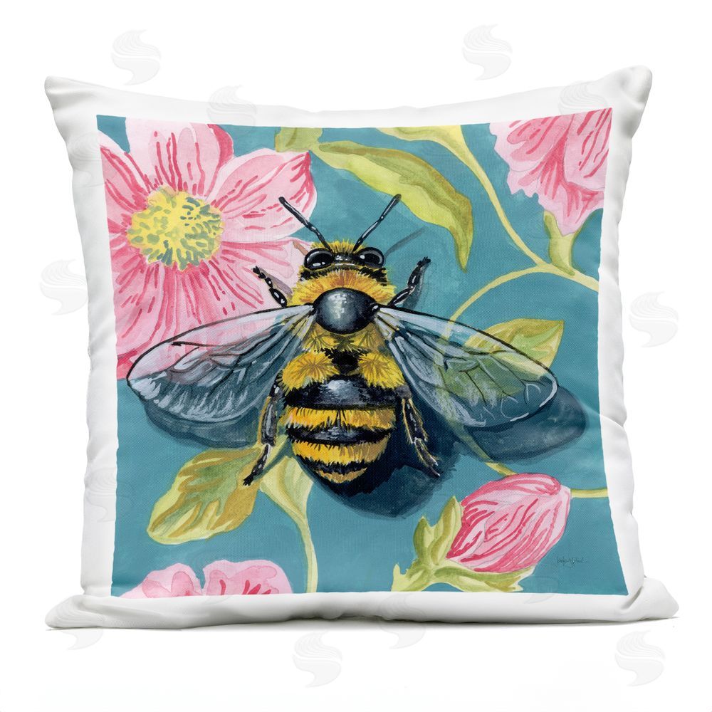 Kate Jarvik Birch Fuzzy Bee On Floral Pattern Outdoor Printed Throw Pillow