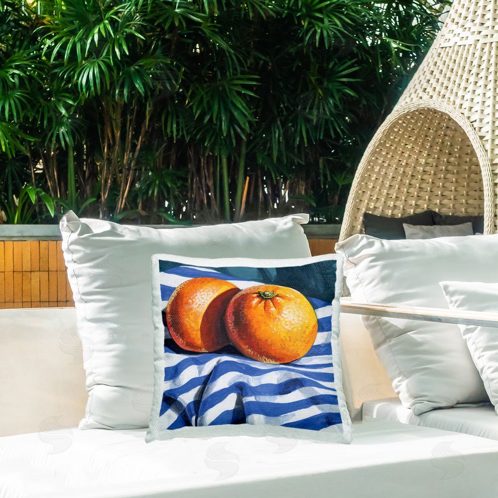 Kate Jarvik Birch Oranges On Striped Cloth Outdoor Printed Throw Pillow on Patio