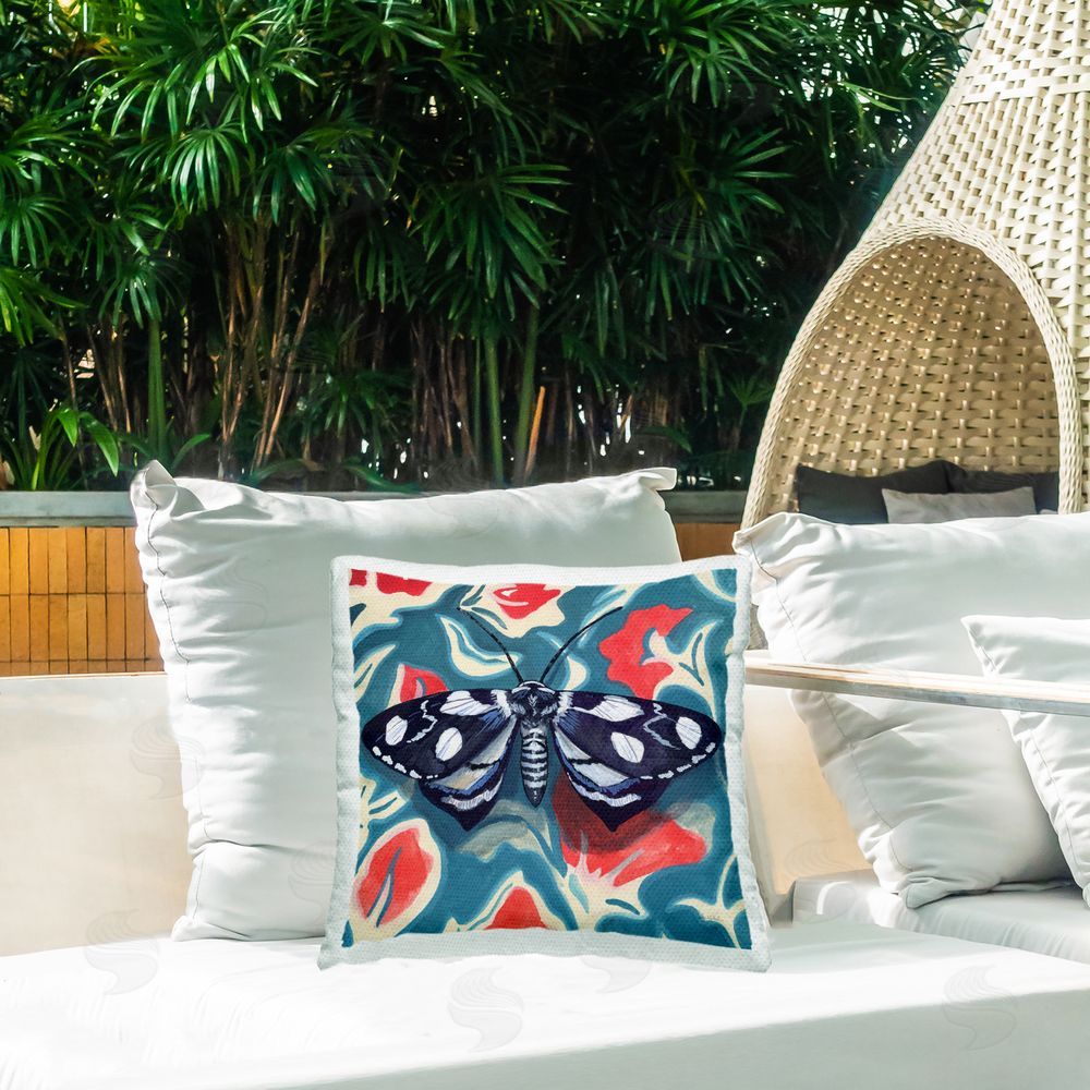 Kate Jarvik Birch Symmetrical Moth On Beautiful Flowers Outdoor Printed Throw Pillow on Patio