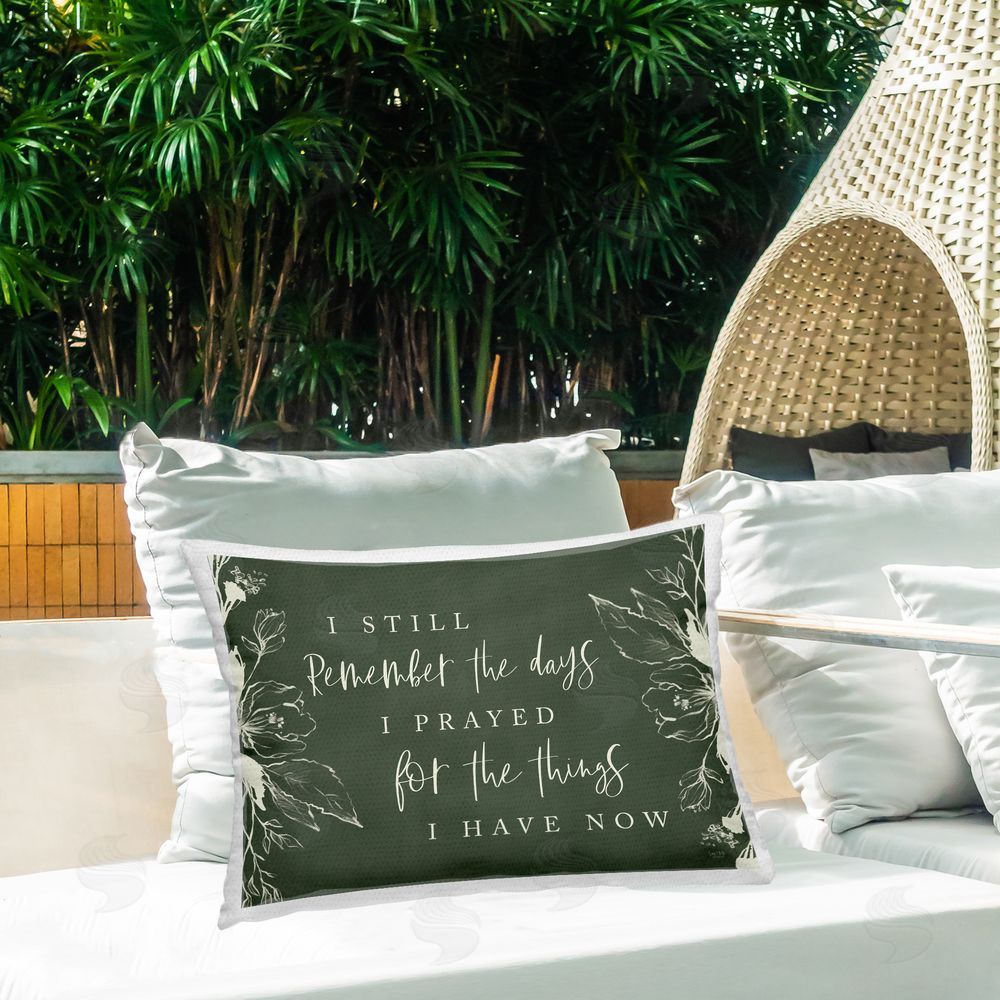 Lux + Me Designs Still Remember The Days Gratitude Printed Throw Pillow on Patio