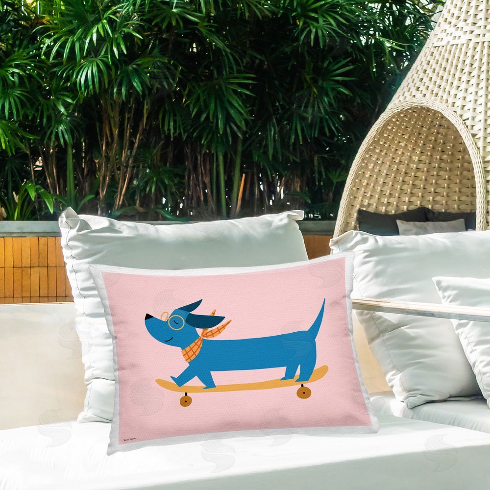 Rachel Nieman Skateboarding Wiener Dog Printed Throw Pillow on Patio