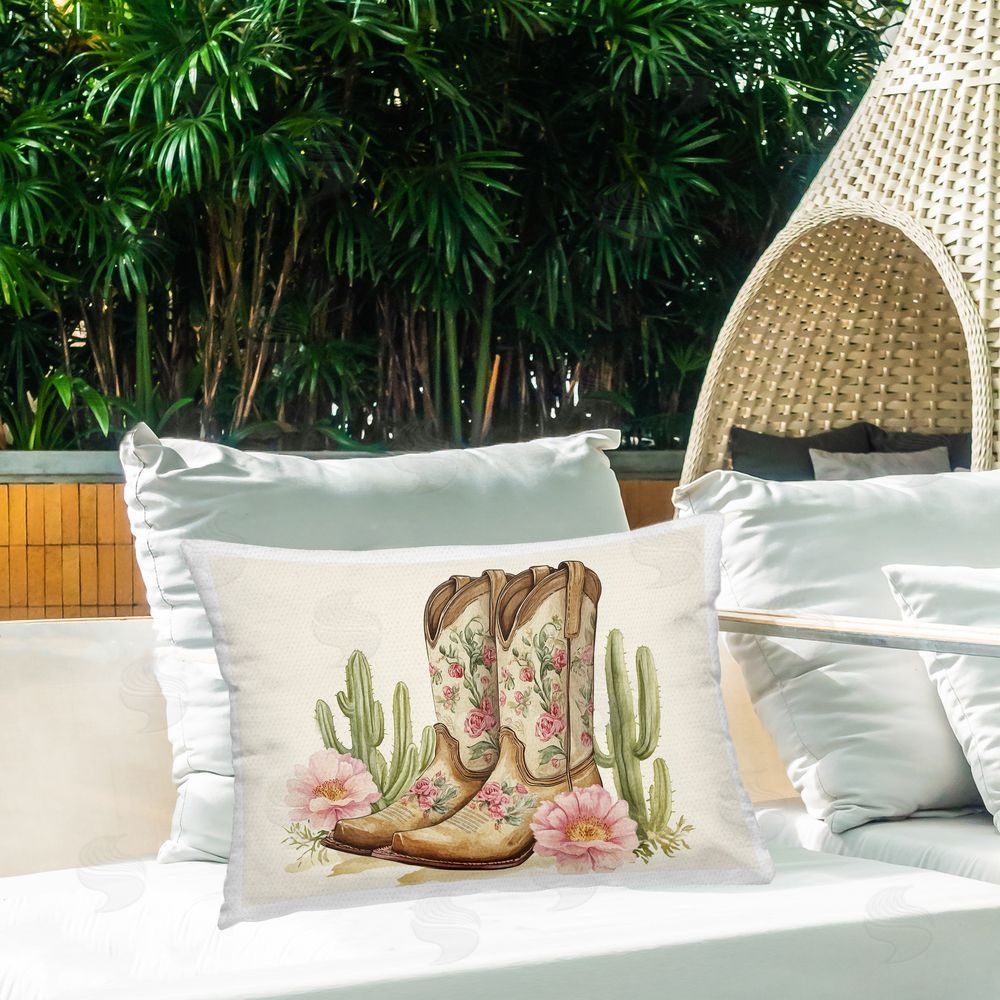 Heidi Kuntz Floral Boots & Cactuses Printed Throw Pillow on Patio