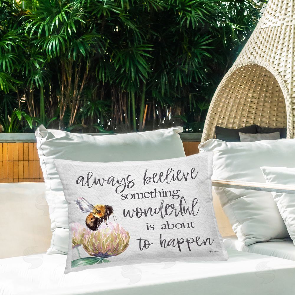 Susie Boyer Always Believe Something Wonderful Printed Throw Pillow on Patio