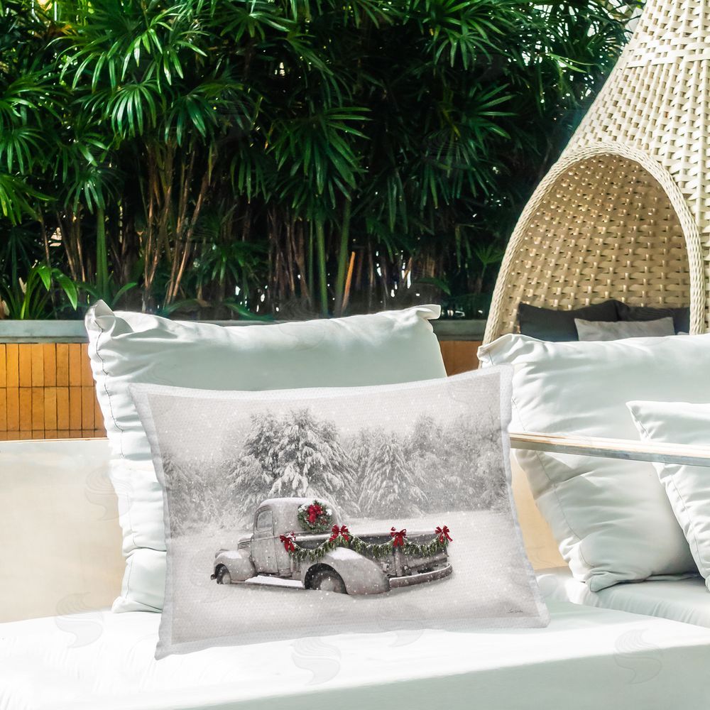 Lori Deiter Snowy White Antique Truck Outdoor Printed Throw Pillow on Patio