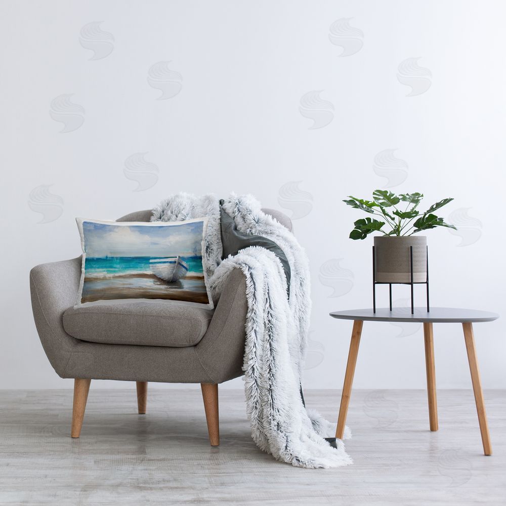 Cloverfield & Co. Painterly Boat On The Shore Printed Throw Pillow in Room