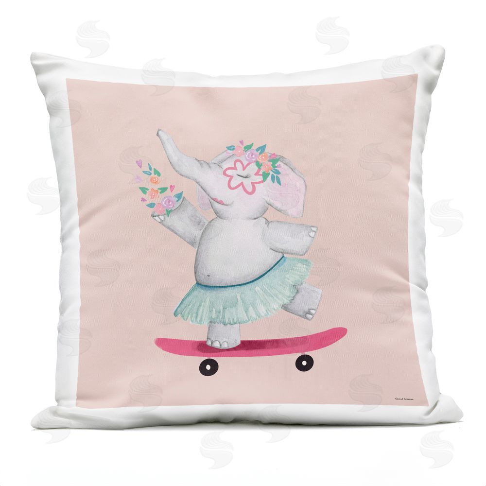 Rachel Nieman Skateboarding Elephant with Flowers Outdoor Printed Throw Pillow