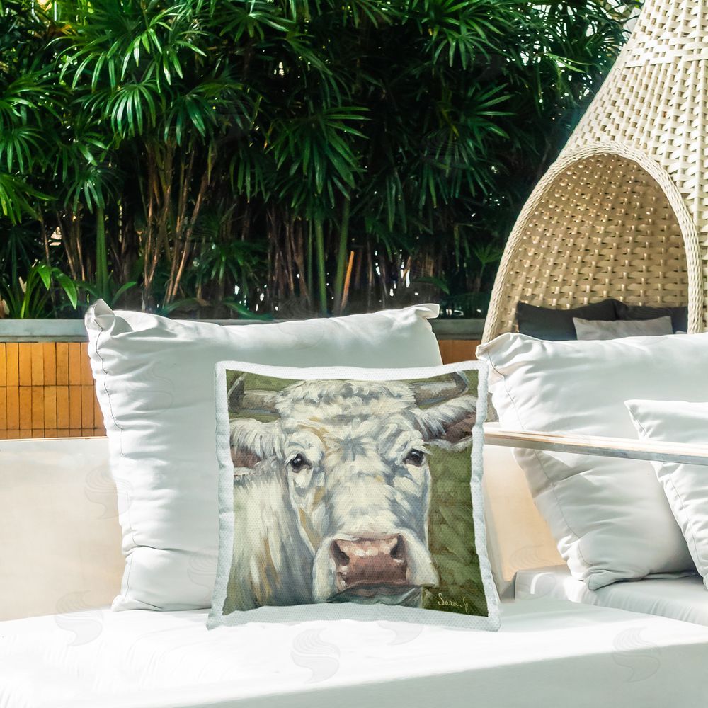 Sara G. Designs Pearl Of The Pasture Outdoor Printed Throw Pillow on Patio
