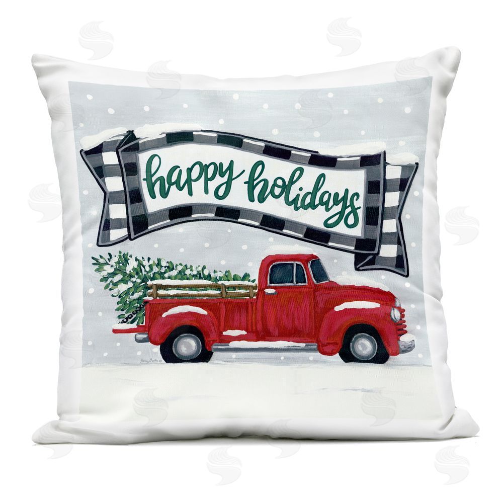 Sara Baker Happy Holidays Red Truck Outdoor Printed Throw Pillow