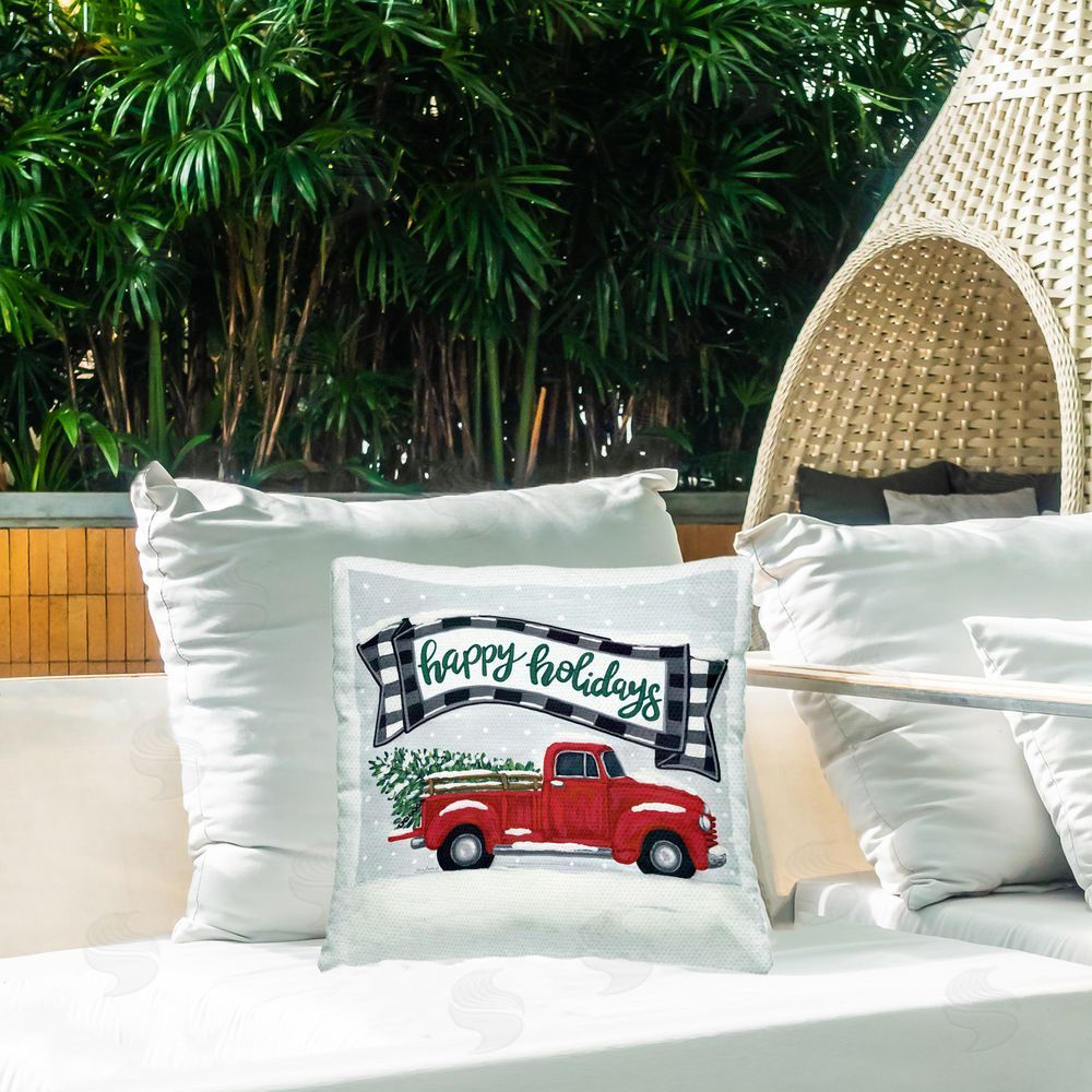 Sara Baker Happy Holidays Red Truck Outdoor Printed Throw Pillow on Patio