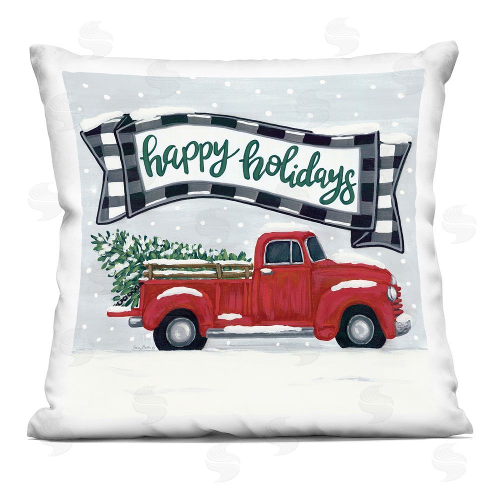 Sara Baker Happy Holidays Red Truck Indoor Printed Throw Pillow