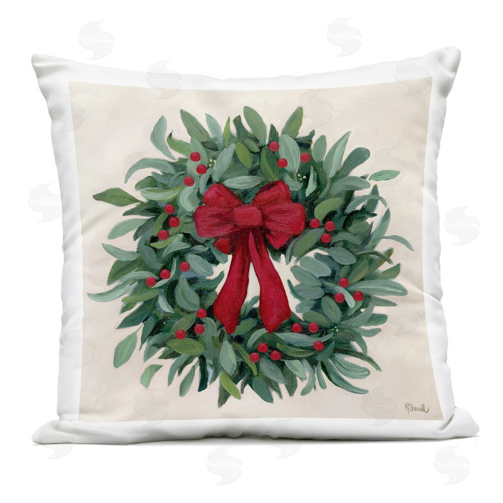 Kate Sherrill Ribbon Holly Wreath Outdoor Printed Pillow