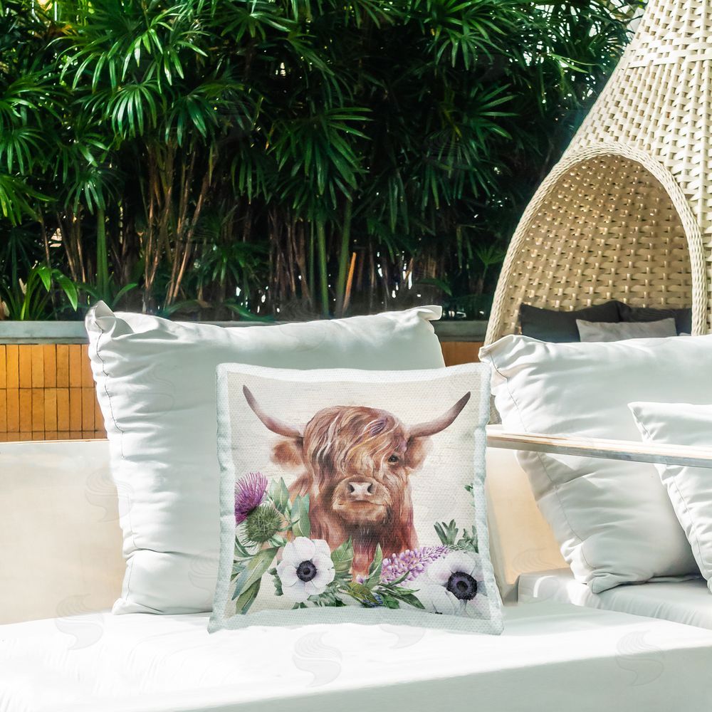 Lux + Me Designs Penny The Highland Cow Outdoor Printed Throw Pillow on Patio