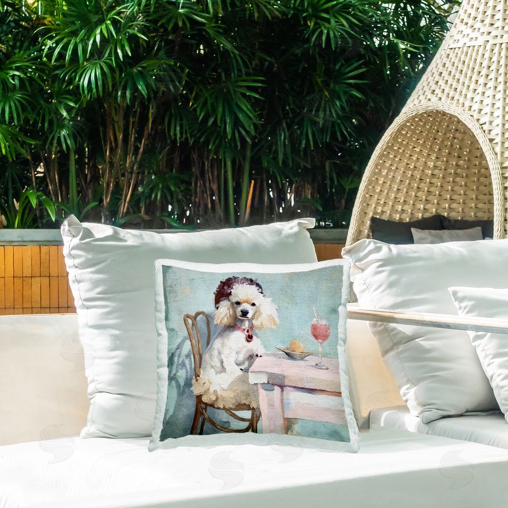 Annabelle Hall Ladies Who Lunch Poodle Outdoor Printed Throw Pillow on Patio