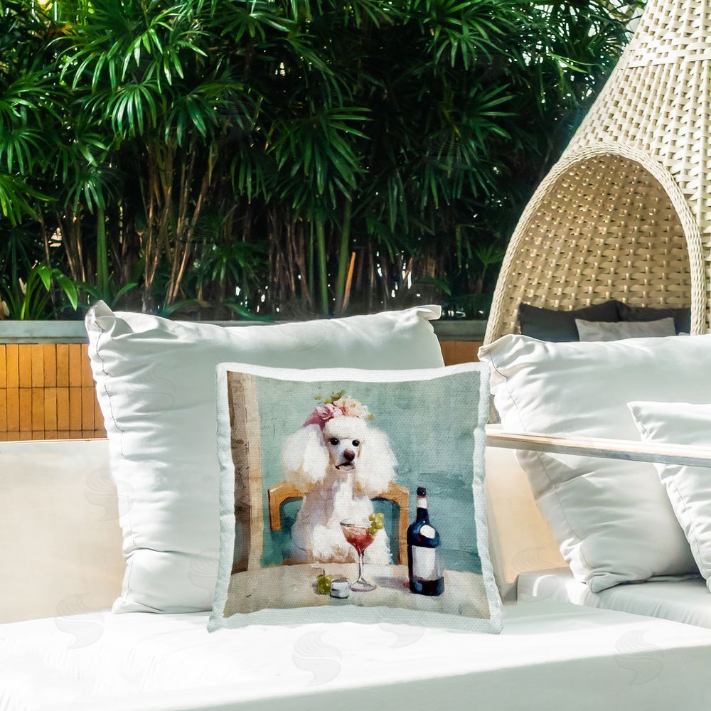 Annabelle Hall Poodle At Lunch Outdoor Printed Throw Pillow on Patio