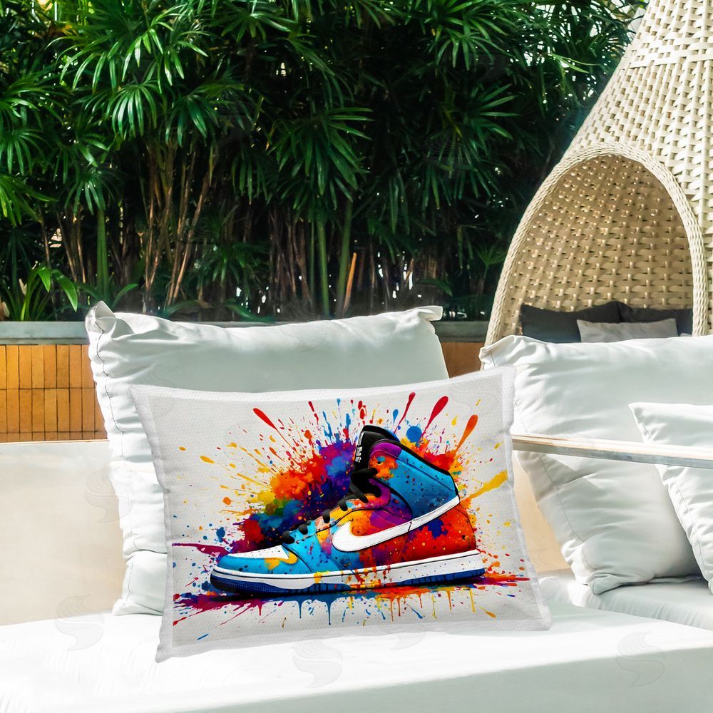 Creative Studio Centric Sneaker Splash Printed Throw Pillow on Patio