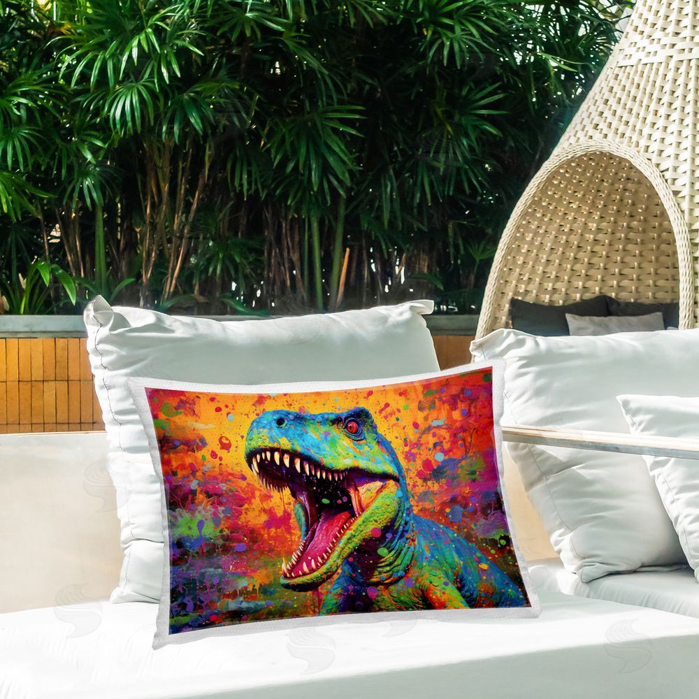 Creative Studio Colorful T-Rex with Splatter Printed Throw Pillow on Patio