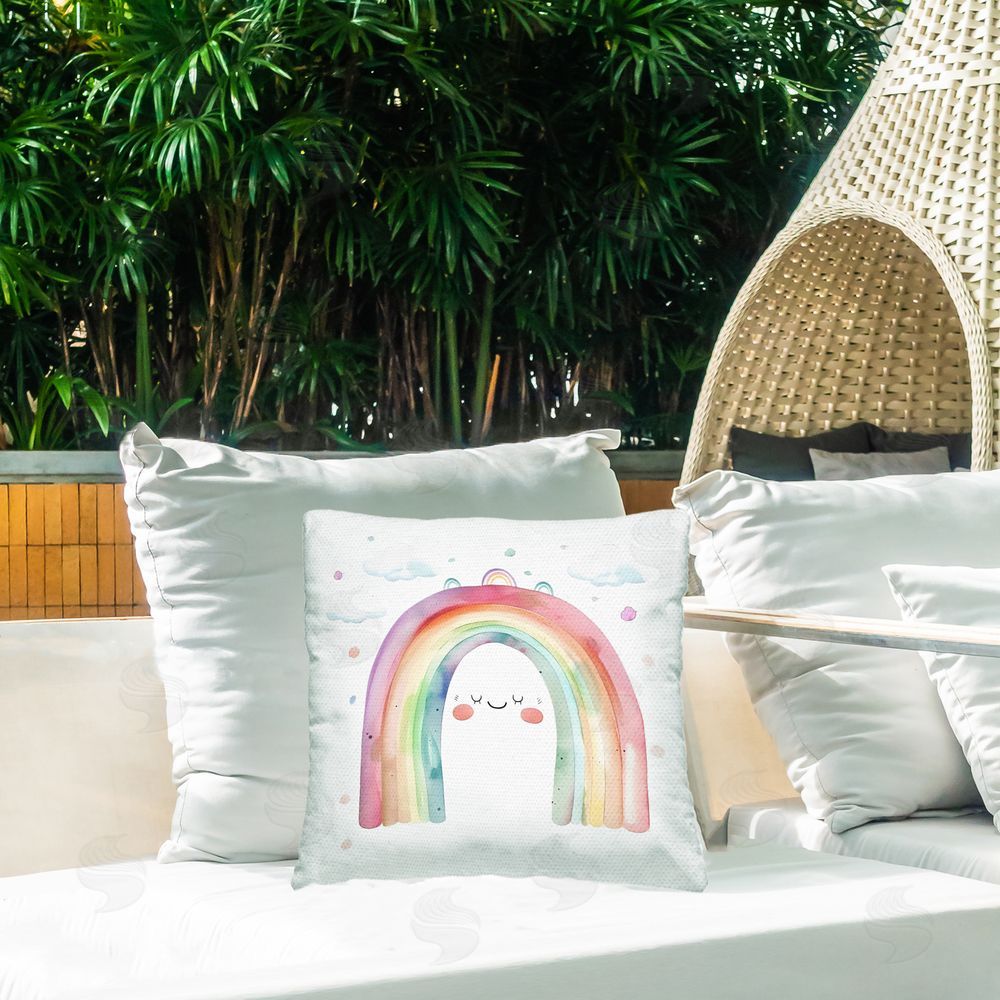 Creative Studio Cute Smiling Rainbow Outdoor Printed Throw Pillow on Patio