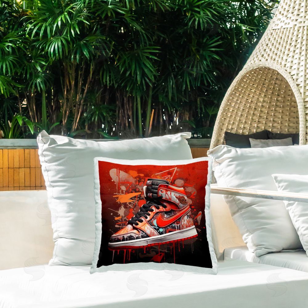 Creative Studio Shades Of Red Sneaker Outdoor Printed Throw Pillow on Patio
