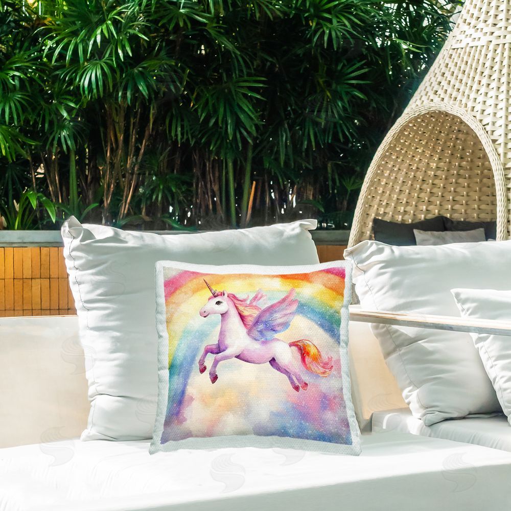 Creative Studio Flying Unicorn In Rainbow Sky Outdoor Printed Throw Pillow on Patio