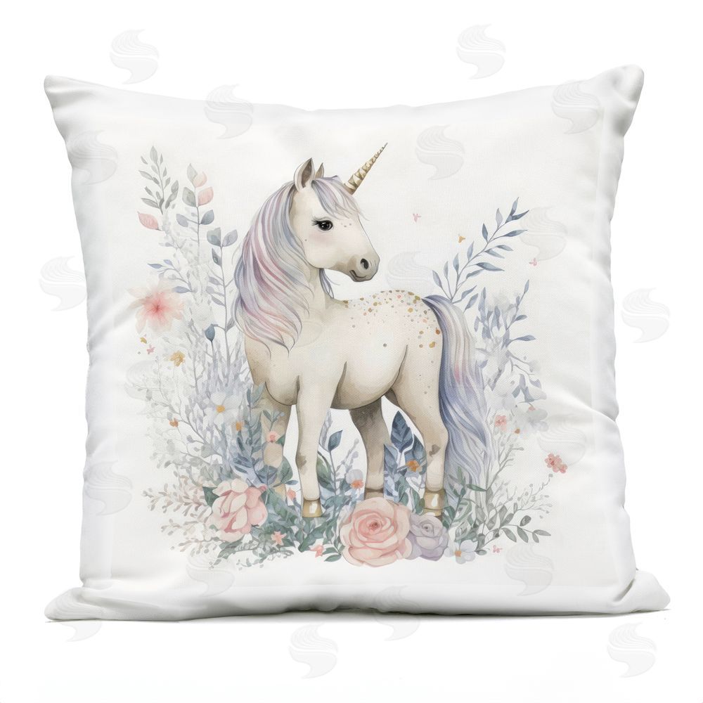 Creative Studio Unicorn in Delicate Floral Forest Outdoor Printed Throw Pillow