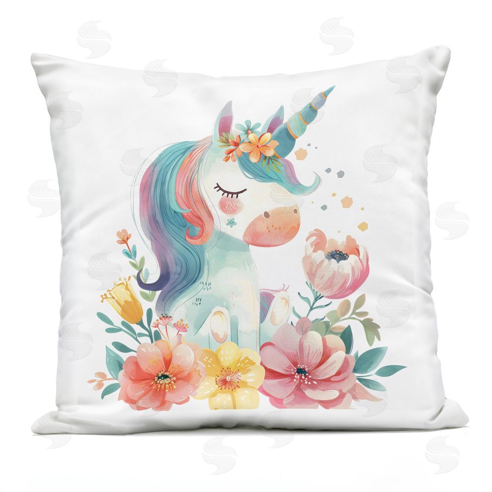 Creative Studio Whimsical Unicorn with Blossoms Outdoor Printed Throw Pillow