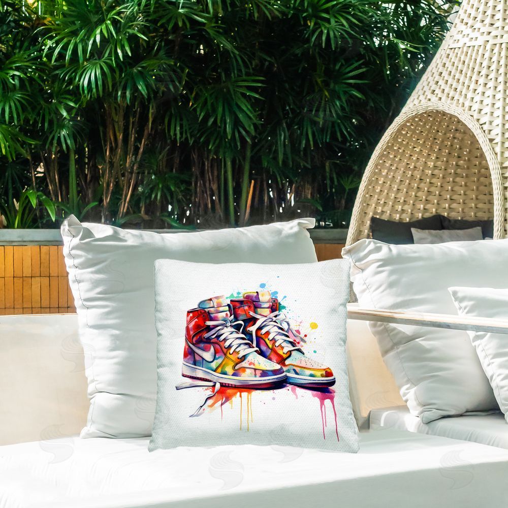 Creative Studio Sneakers with Watercolor Drip Outdoor Printed Throw Pillow on Patio