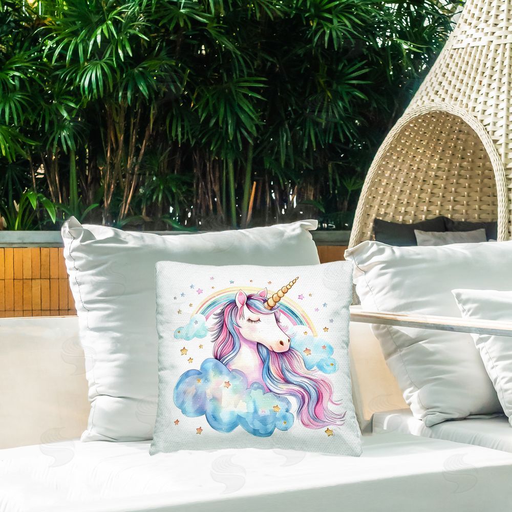 Creative Studio Cute Happy Unicorn & Rainbow Outdoor Printed Throw Pillow on Patio