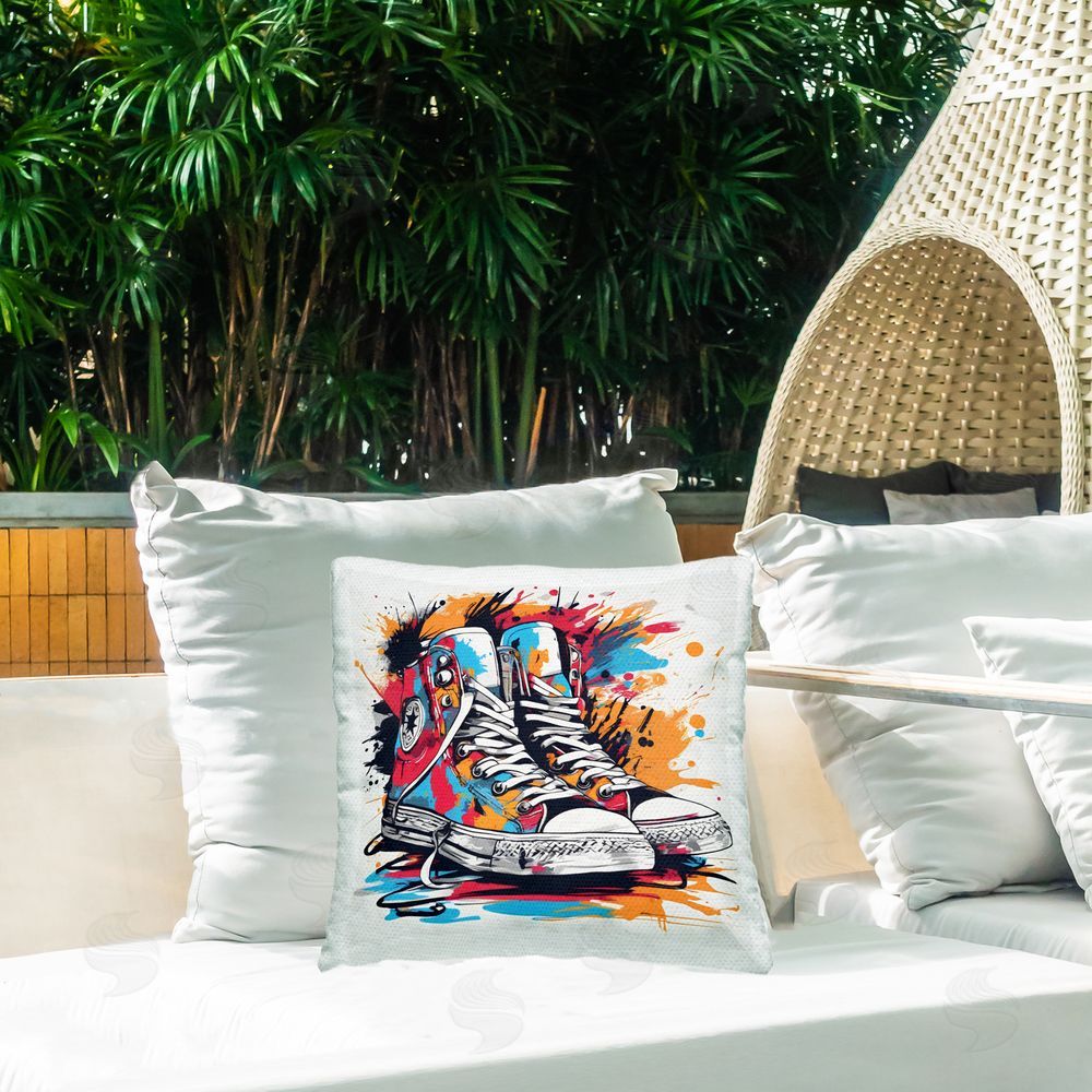 Creative Studio Colorful Sneakers Graffiti Splash Outdoor Printed Throw Pillow on Patio