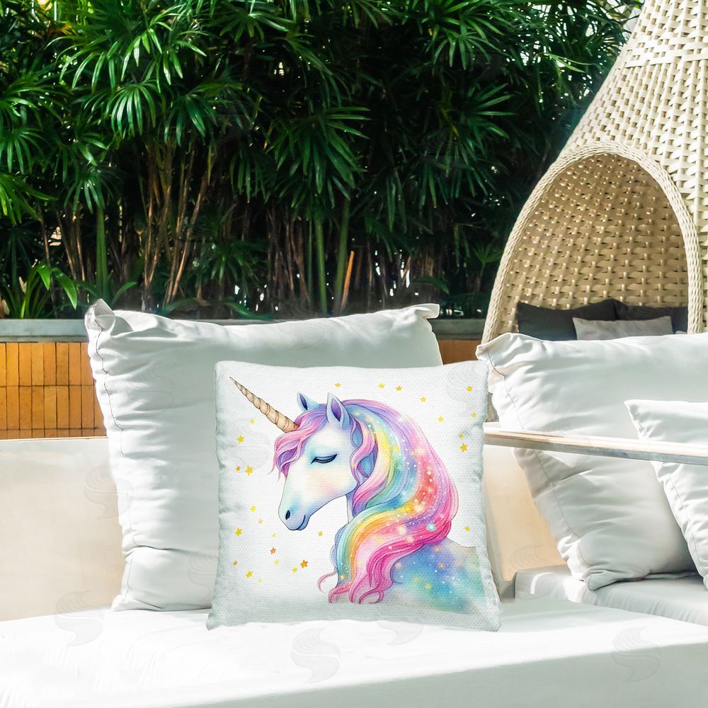 Creative Studio Enchanted Rainbow Mane Unicorn Outdoor Printed Throw Pillow on Patio