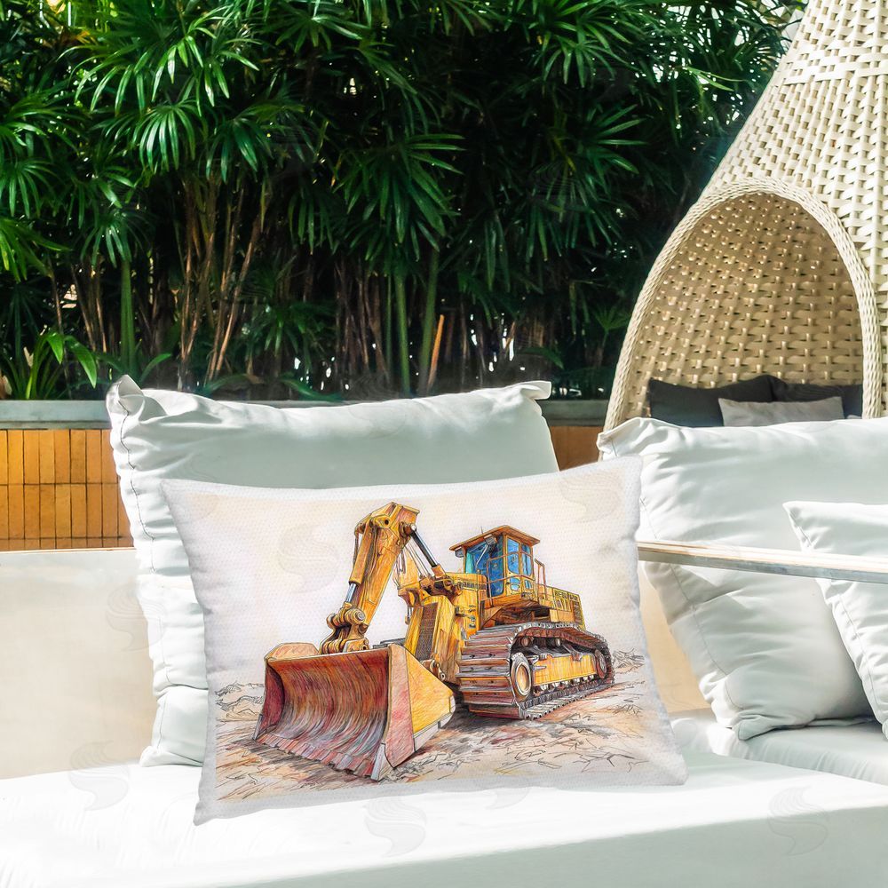 Steve Hunziker Industrial Bulldozer Drawing Printed Throw Pillow on Patio